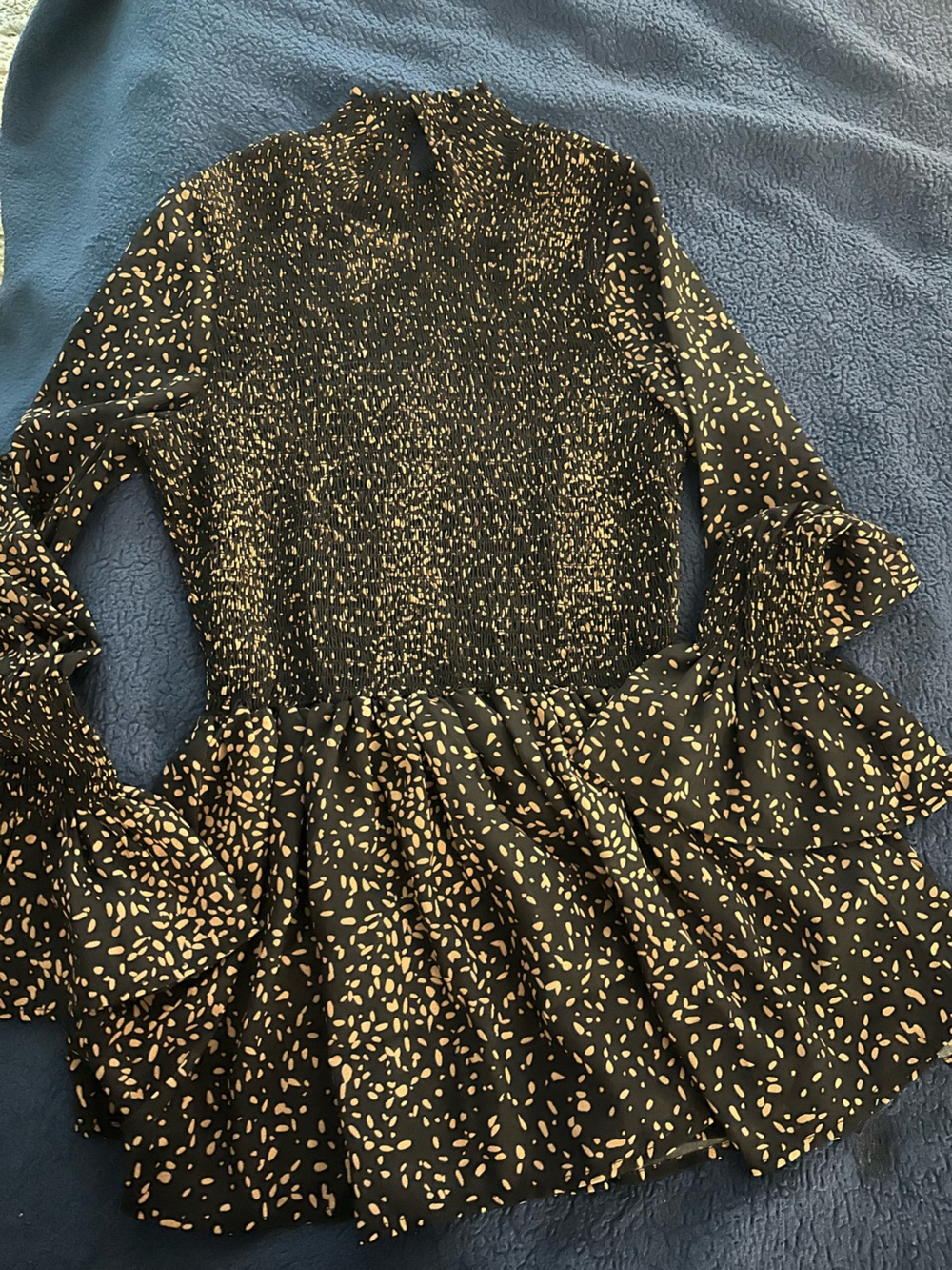 Blue Long Sleeve Peplum Top with Beige Dot Print